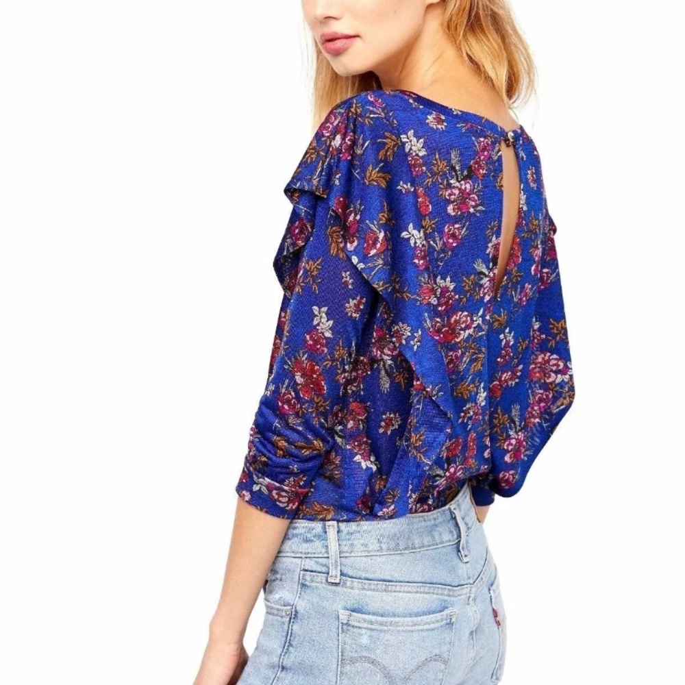 Free People Dock Street Knit Floral Print Top Blue X-Small NWT - Picture 4 of 6